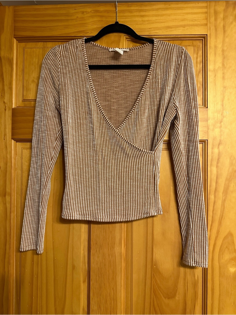 Caution To The Wind Striped Ribbed V-Neck Wrap Long Sleeve Top